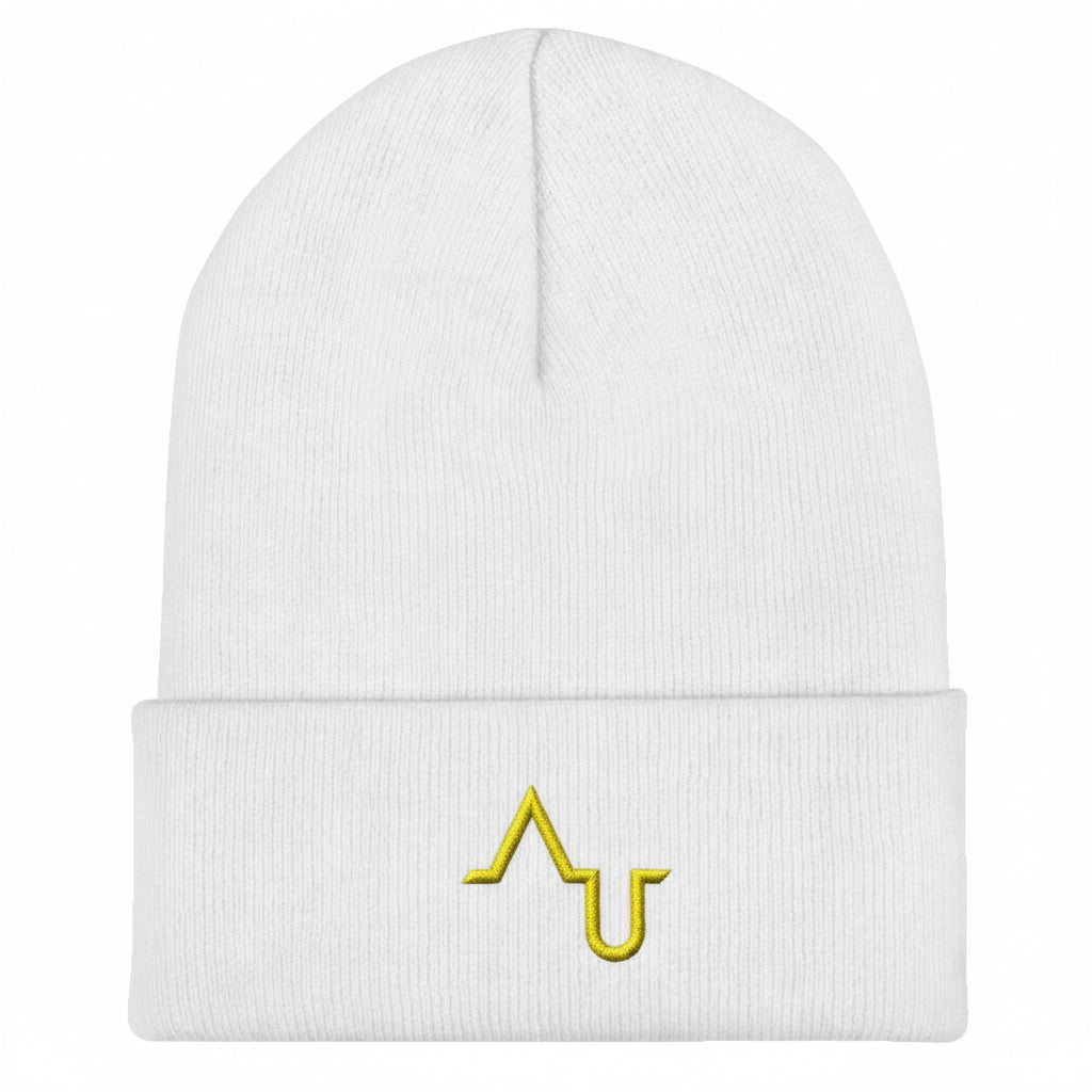 White beanie with a yellow logo on a black background