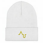 White beanie with a yellow logo on a black background
