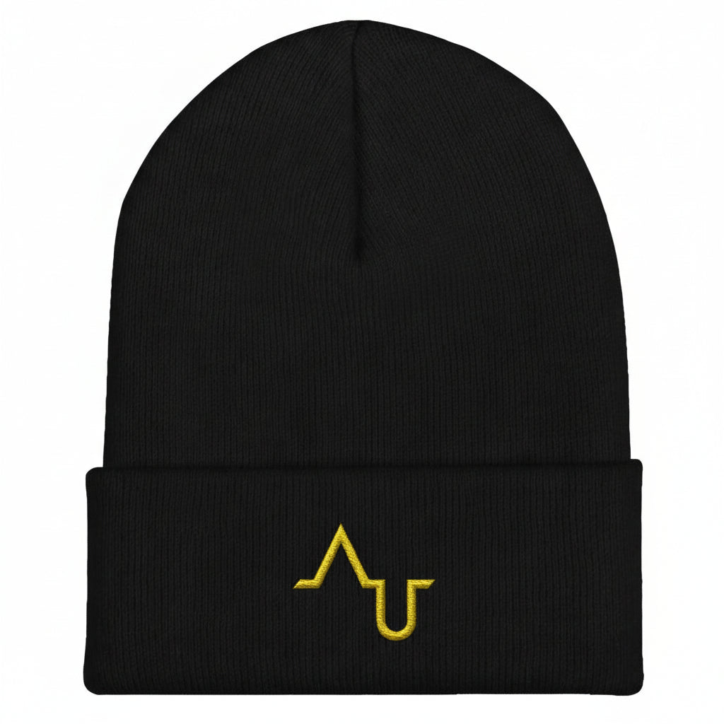 Black beanie with yellow logo on a black background
