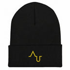 Black beanie with yellow logo on a black background