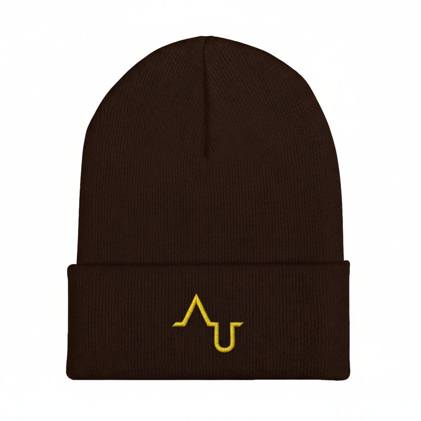 Brown beanie with yellow logo on a black background