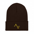 Brown beanie with yellow logo on a black background