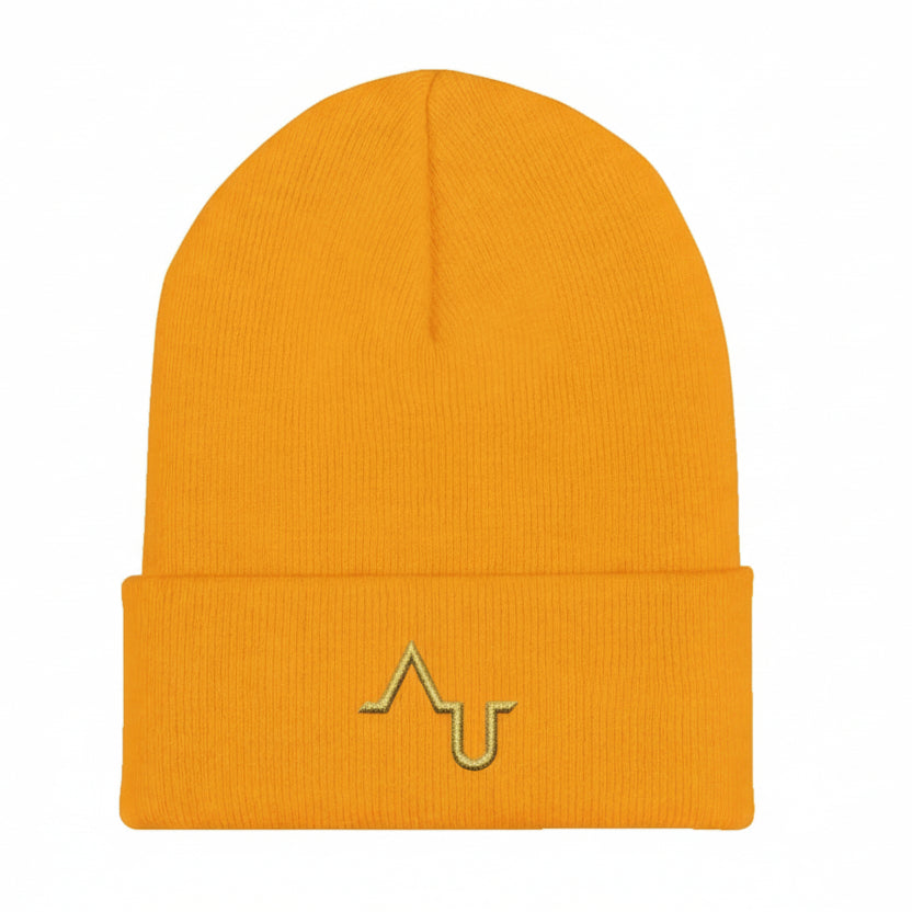 Orange beanie with a logo on a black background