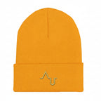 Orange beanie with a logo on a black background