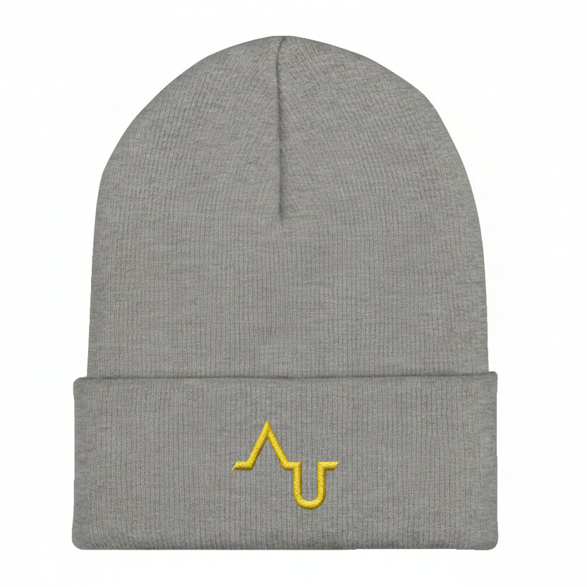 Gray beanie with a yellow logo on a black background
