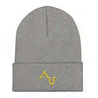 Gray beanie with a yellow logo on a black background