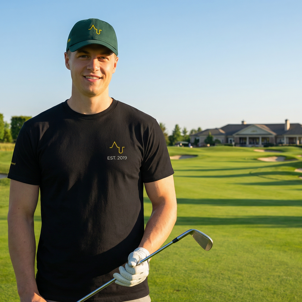 Man holding a golf club on a golf course with a clubhouse in the background