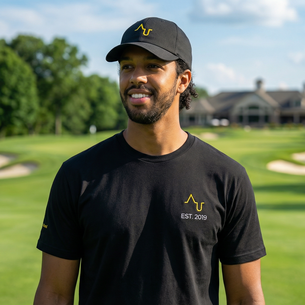 Man in black t-shirt and cap standing on a golf course