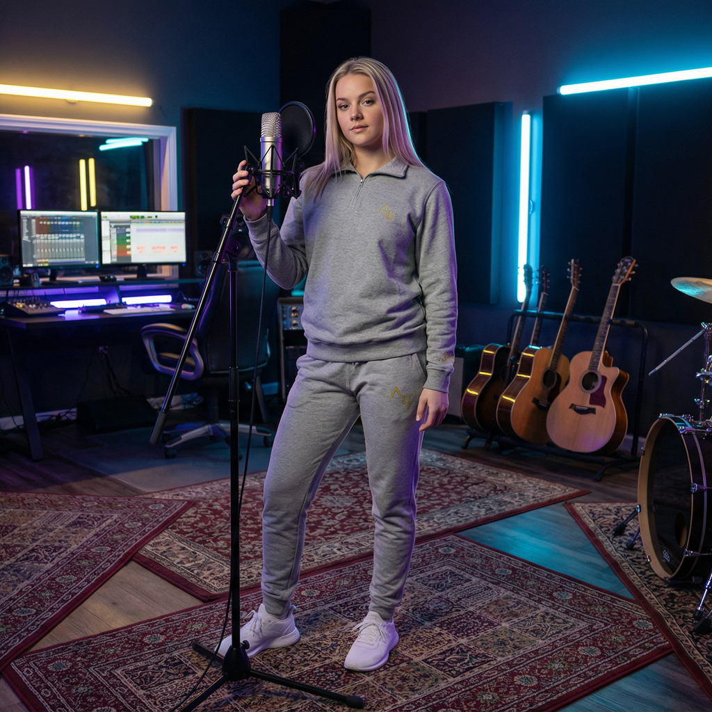 Person in a home studio with musical instruments and equipment.