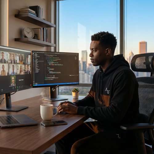 Person working at a desk with multiple monitors in an office with a cityscape view.