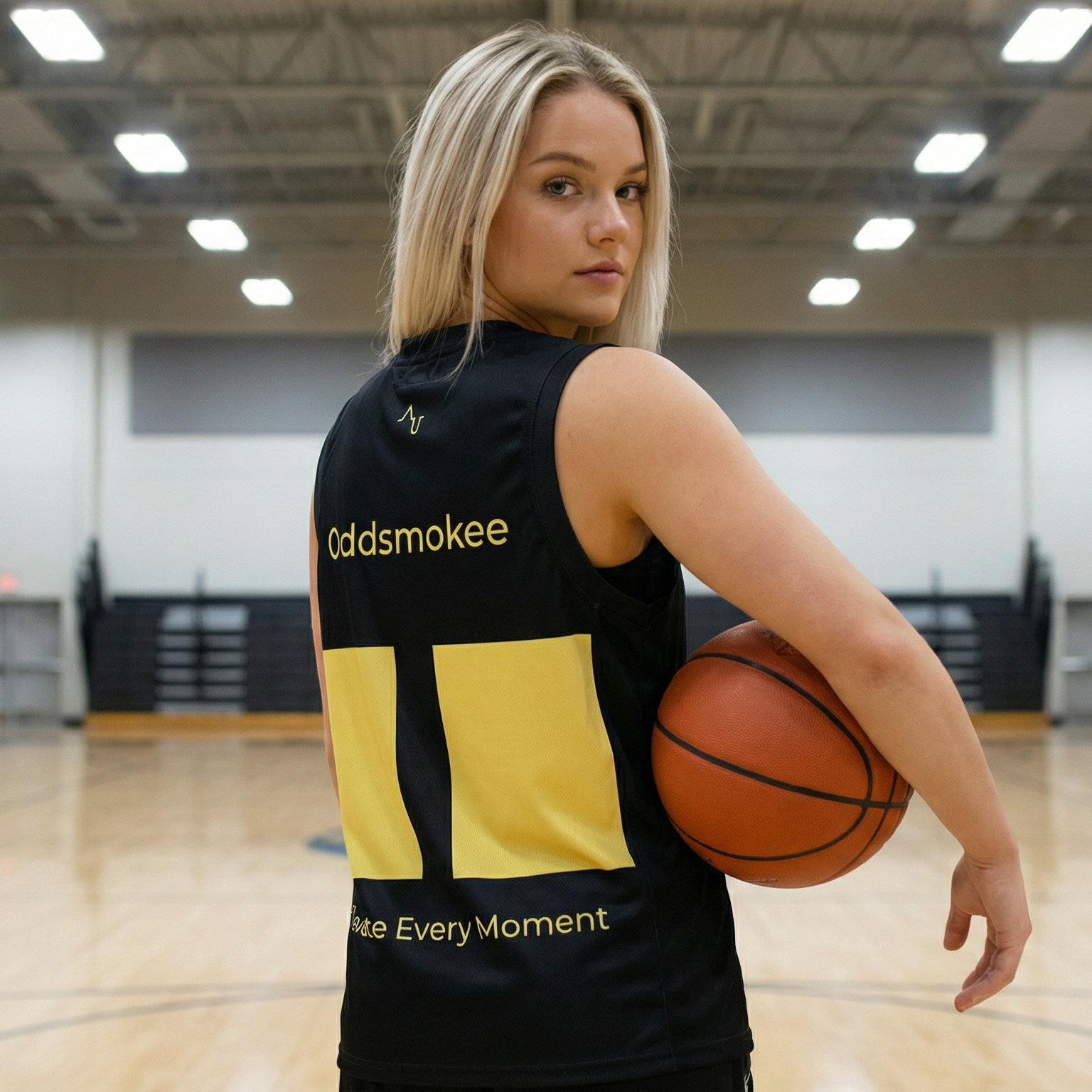 Person holding a basketball on a gymnasium floor with 'Jdsmokee' branding.