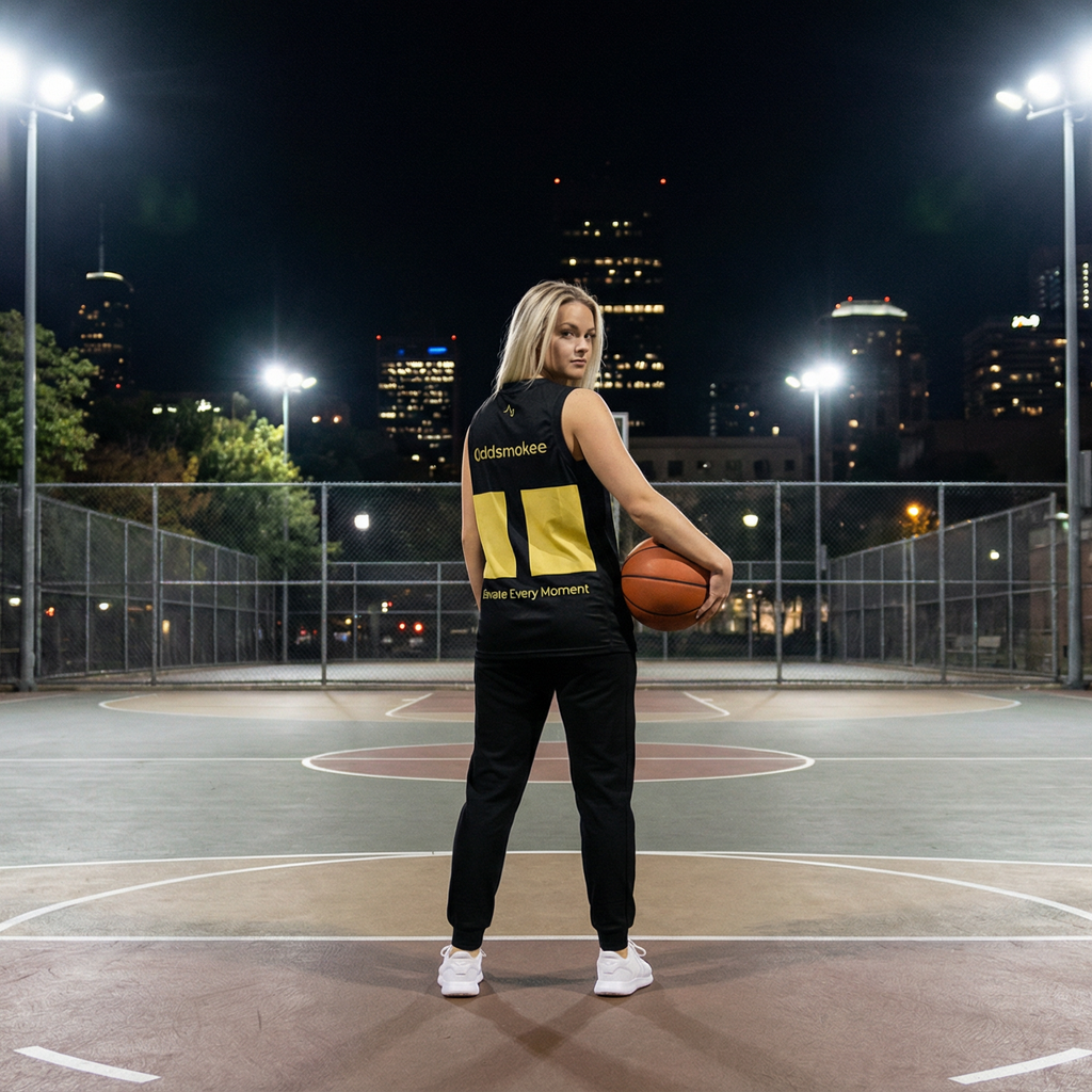Person holding a basketball on an outdoor court with city skyline in the background