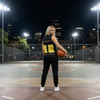 Person holding a basketball on an outdoor court with city skyline in the background