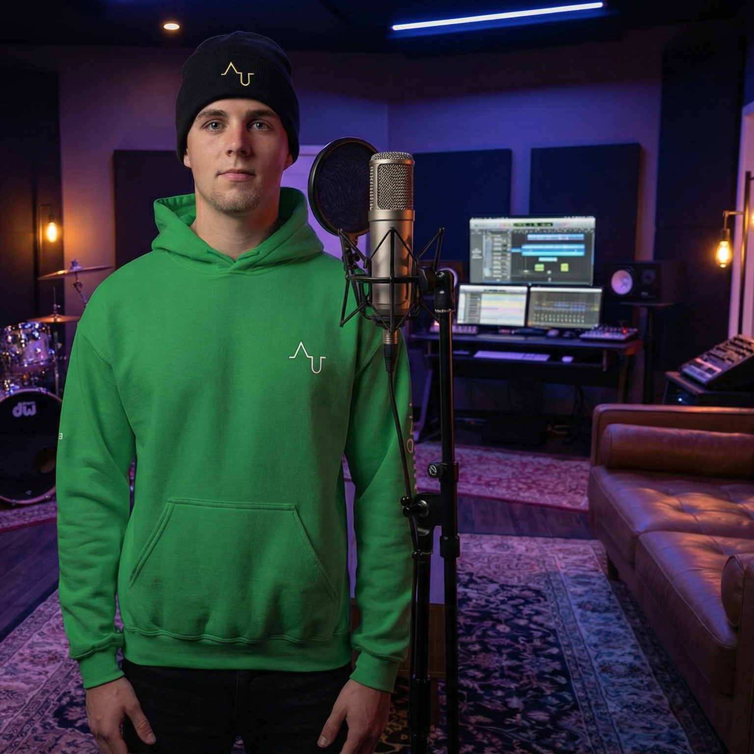 Person in a green hoodie standing in a home studio with musical instruments and equipment.