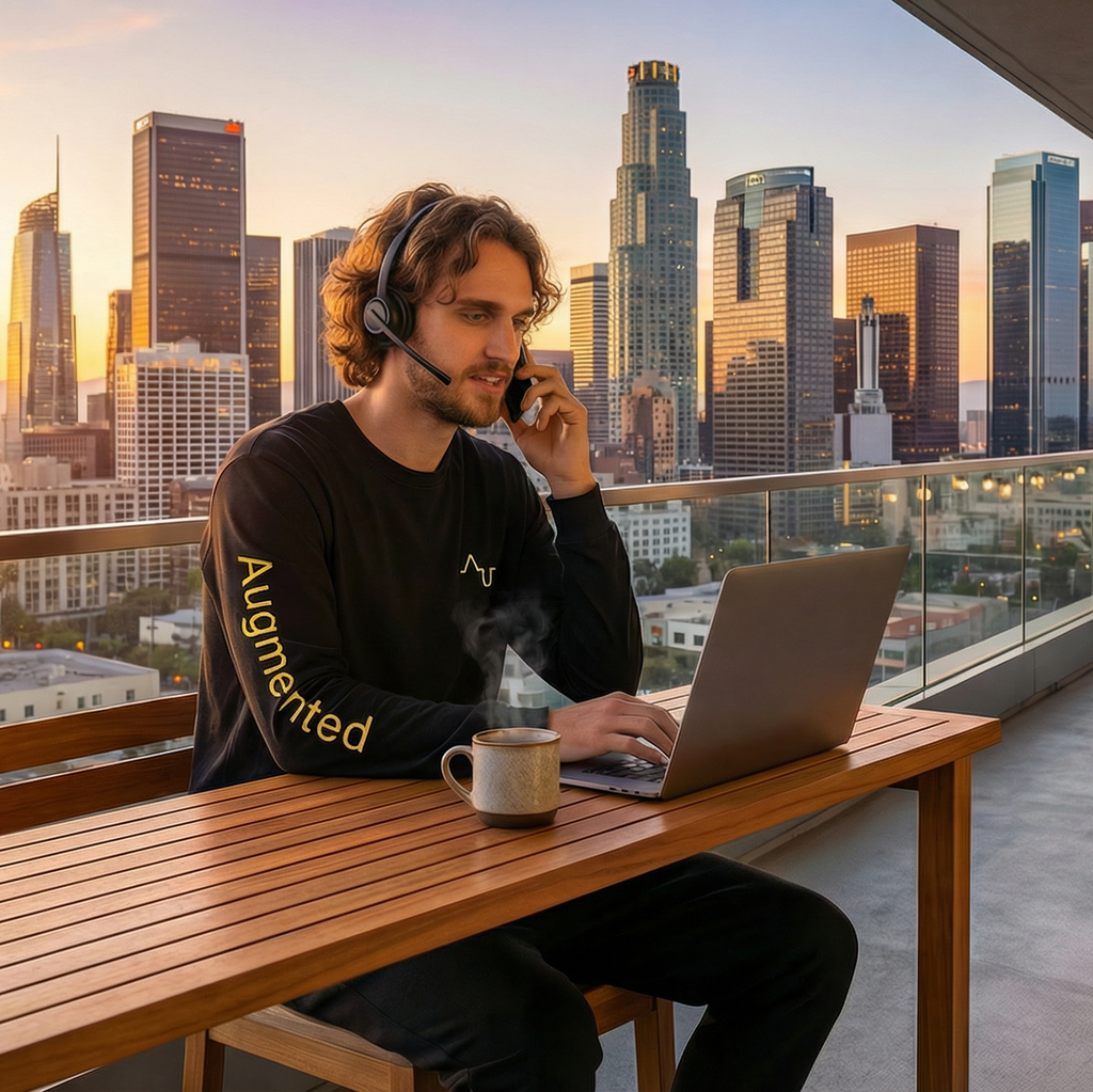 Person working on a laptop with a city skyline in the background