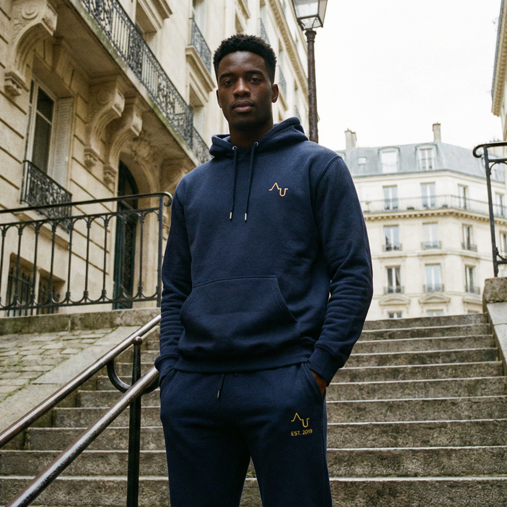 Man in a blue tracksuit standing on stone steps in an urban setting