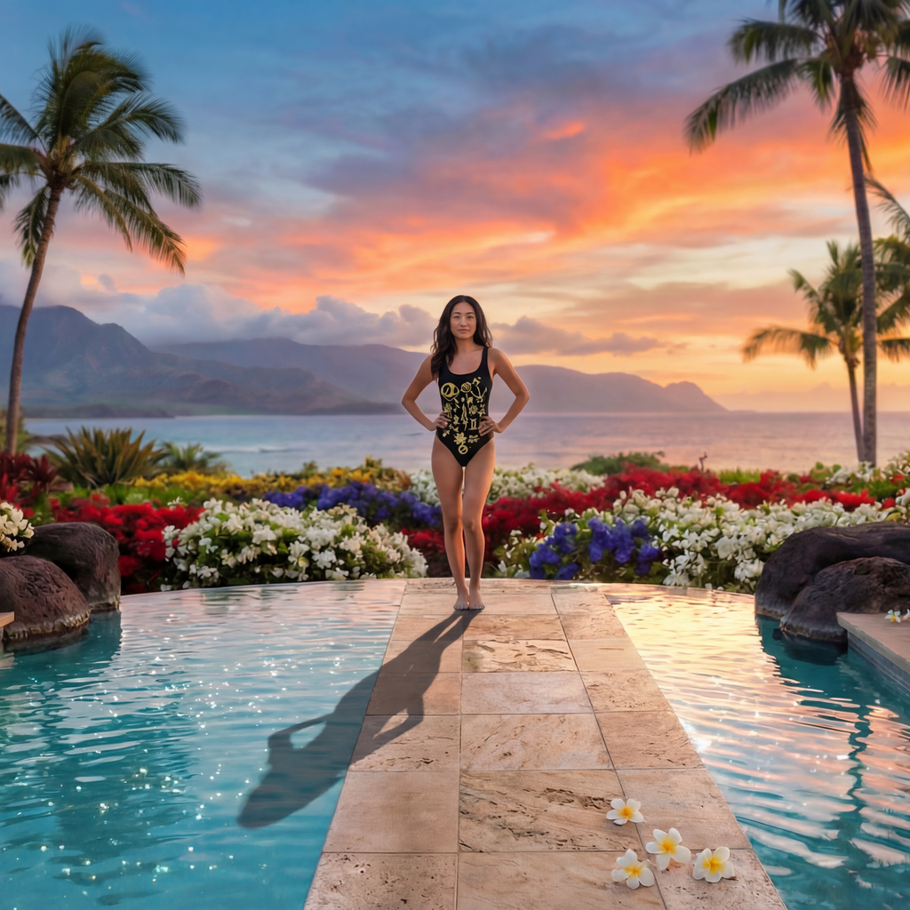 Woman in a swimsuit standing by a pool with a scenic sunset and palm trees in the background.