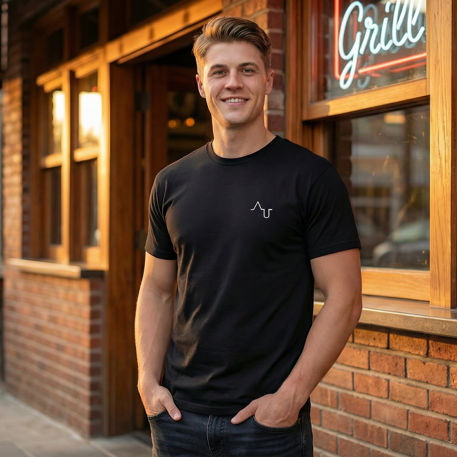 Man standing outside a brick building with a neon sign, likely a restaurant or bar.