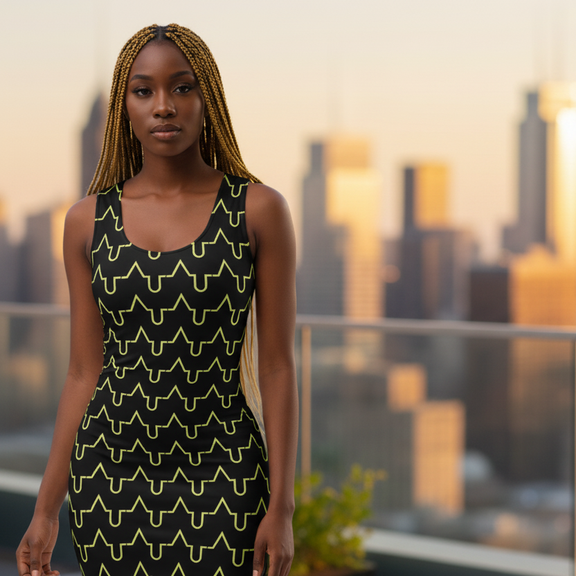 Woman standing on a rooftop with a city skyline in the background during sunset.