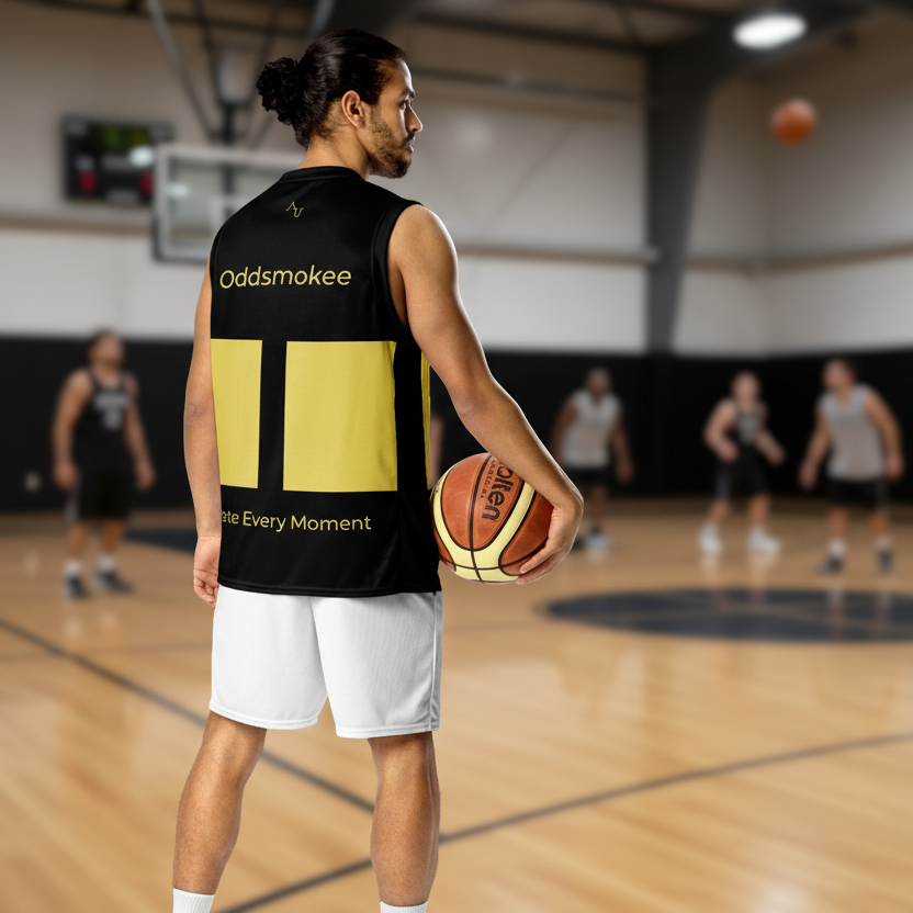 Person holding a basketball on a basketball court with 'Oddsmoke' branding.