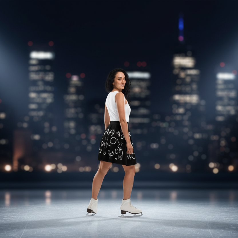 Woman standing on a stage with a cityscape background