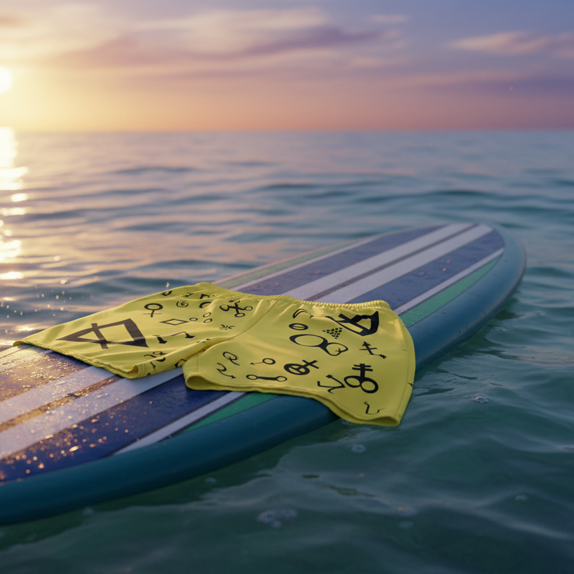Surfboard with a yellow towel on a calm ocean at sunset