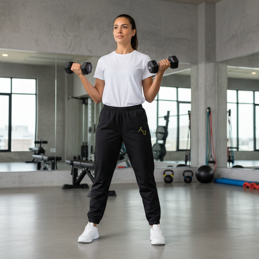 Woman exercising with dumbbells in a gym setting