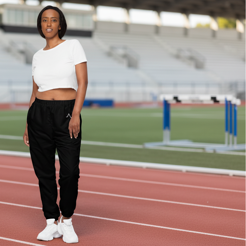 Person standing on a running track wearing a white crop top and black pants.