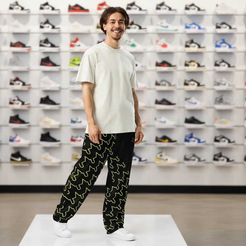 Person standing in a shoe store with shelves of shoes in the background
