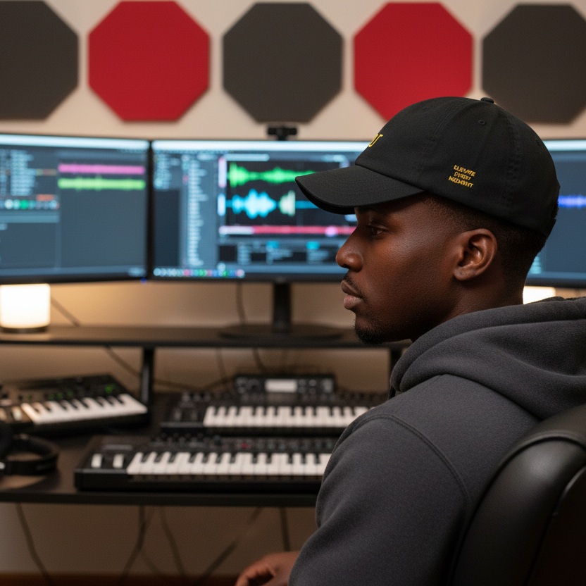 Person in a home studio with multiple monitors and music production equipment.