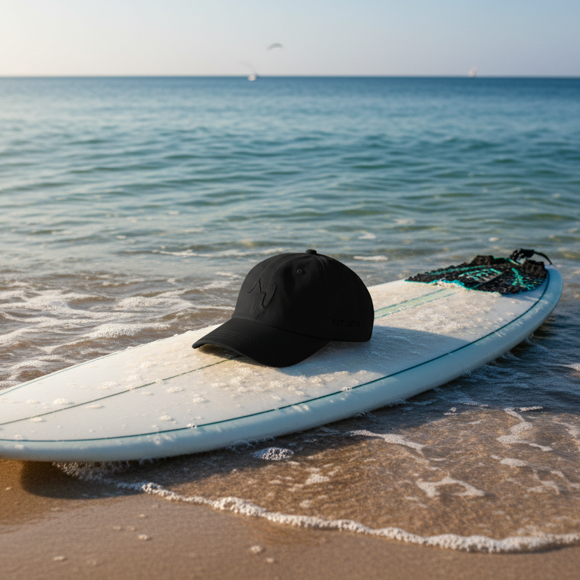 Black cap on a white surfboard in shallow water at the beach