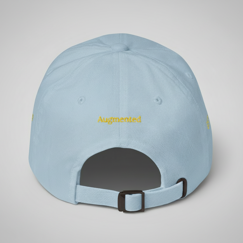 Light blue cap with a brand logo on a gray background