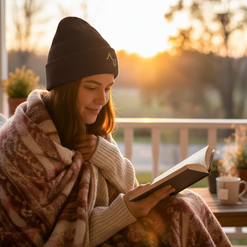 Woman reading a book on a porch with a sunset in the background