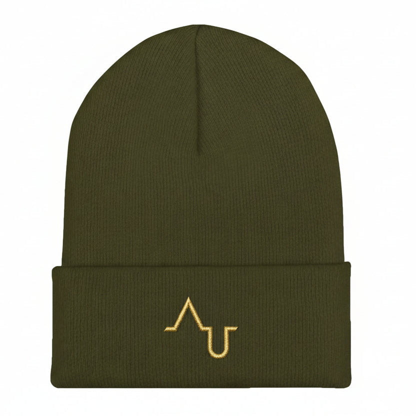 Green beanie with a gold logo on a white background