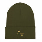 Green beanie with a gold logo on a white background