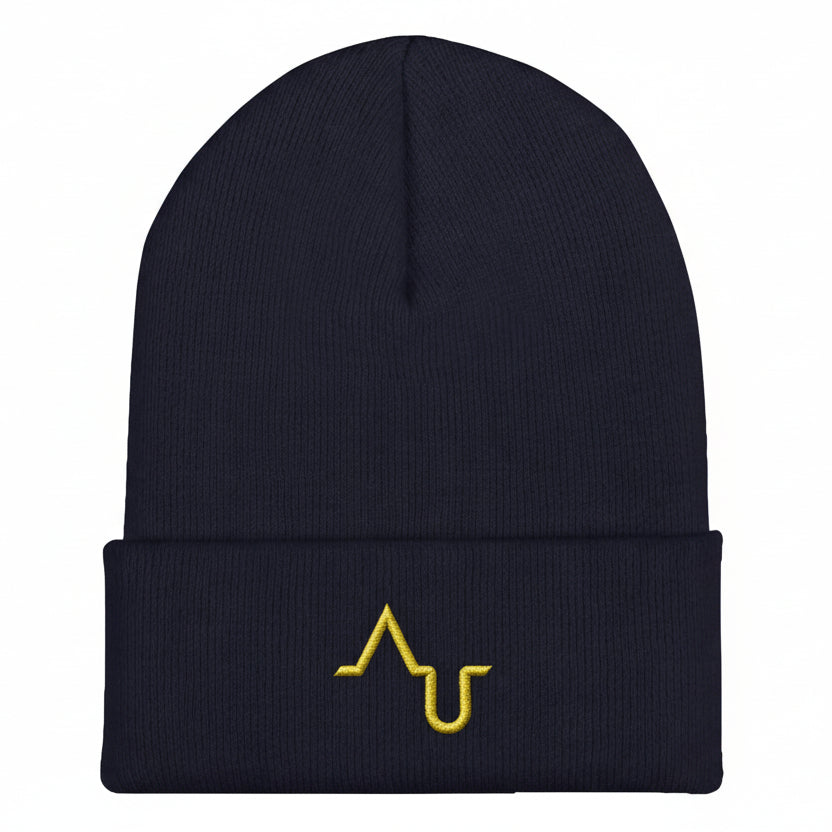 Black beanie with yellow logo on a black background
