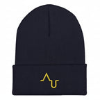 Black beanie with yellow logo on a black background