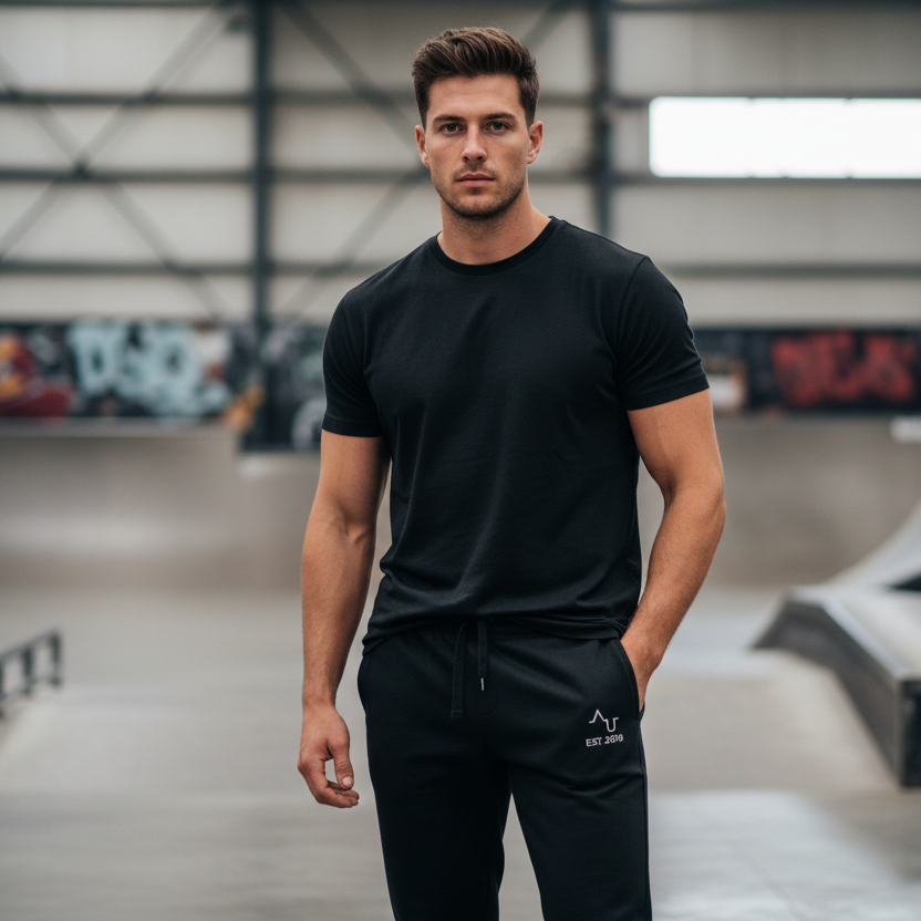 Man in black t-shirt and pants standing in a skate park with ramps and graffiti in the background