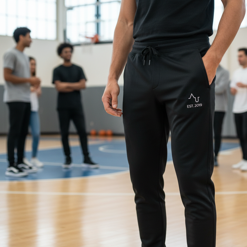 Black pants with a logo and text on a white background