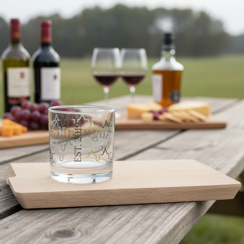 Glass with a scenic design on a wooden table outdoors, with wine bottles and snacks in the background.