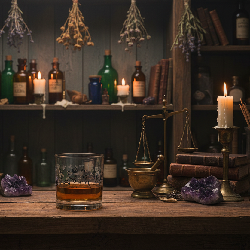 Alchemical setup with bottles, candles, and a glass of amber liquid on a wooden surface.