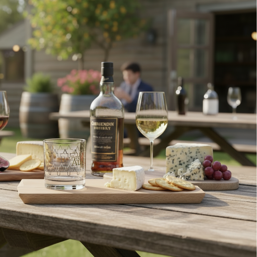Outdoor setting with a wooden table displaying a bottle of Johnnie Walker Blue Label whisky, glasses, and a platter of cheese and fruits.