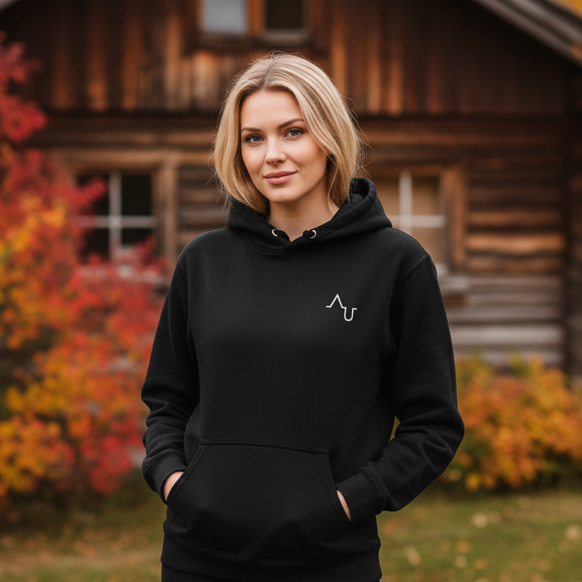 Black hoodie with a logo on a white background