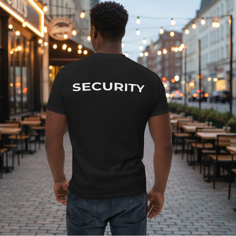 Person wearing a 'SECURITY' shirt walking through an outdoor urban setting with tables and chairs.