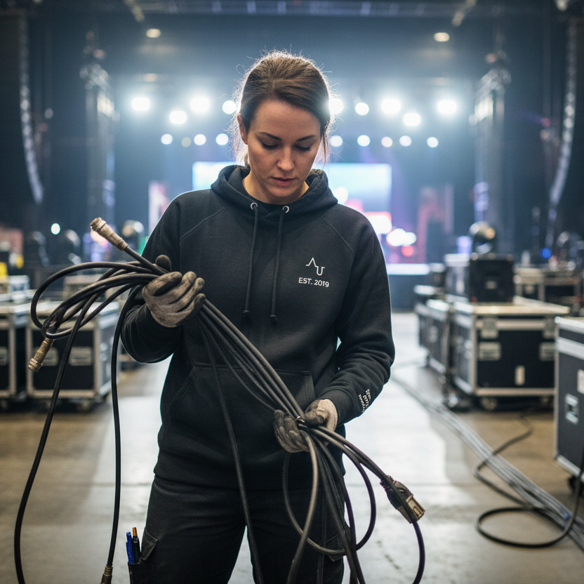 Person holding cables in a backstage area with equipment and lights in the background