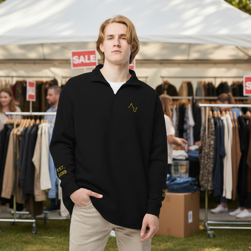 Man standing in front of a clothing tent at an outdoor sale event