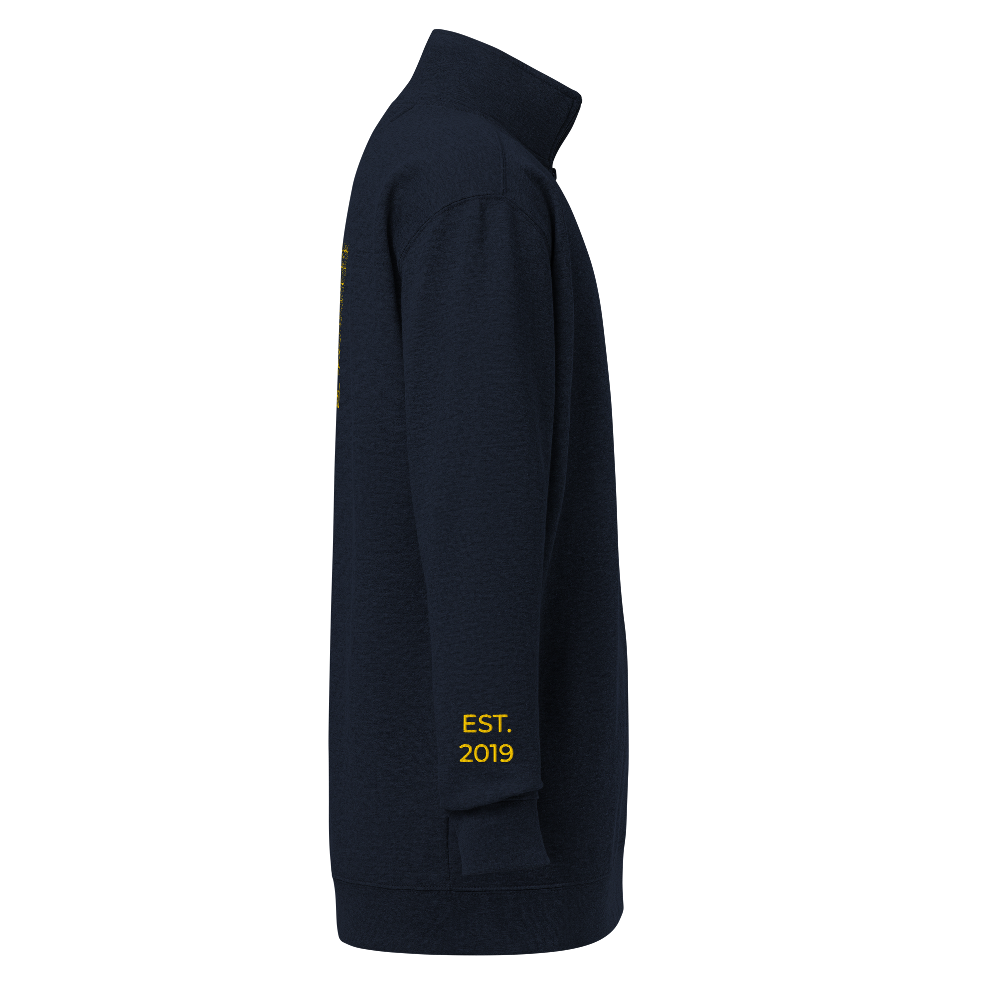 Navy blue jacket with 'EST. 2019' text on a white background