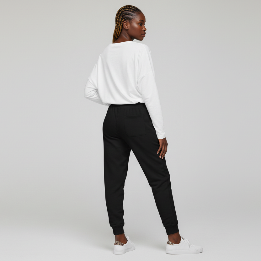 Person wearing a white sweater and black pants on a plain background