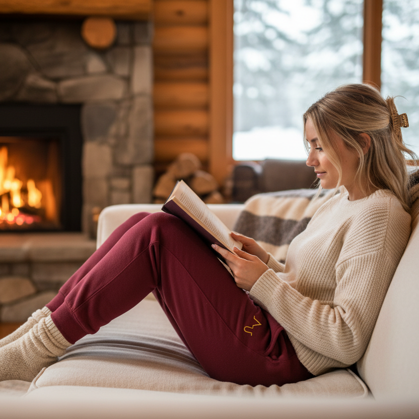 Woman reading a book by a fireplace in a cozy living room.