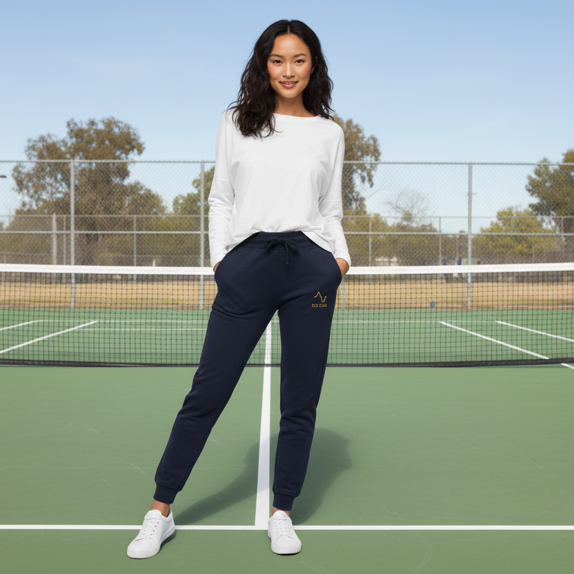 Woman standing on a tennis court wearing a white top and navy pants.
